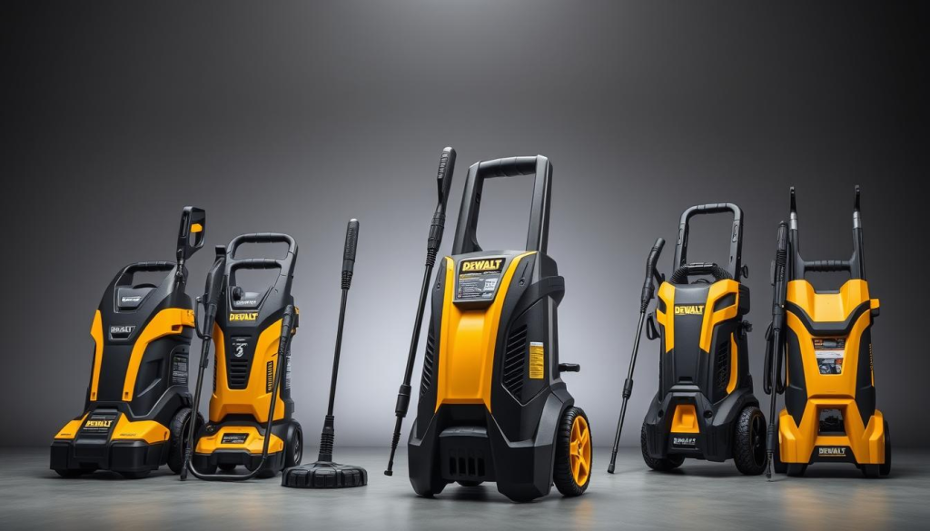 A well-lit studio setting showcasing a DEWALT cordless pressure washer next to pressure washers from other leading brands. The DEWALT unit takes center stage, its sleek black-and-yellow design contrasting with the competition's models. The background features a neutral gray backdrop, allowing the products to be the focal point. Soft, directional lighting accentuates the textures and details of the pressure washers, highlighting their features and capabilities. Camera angle is set at eye level, providing a clear, unobstructed view of the comparative display. The overall mood is one of professional, informative product comparison.