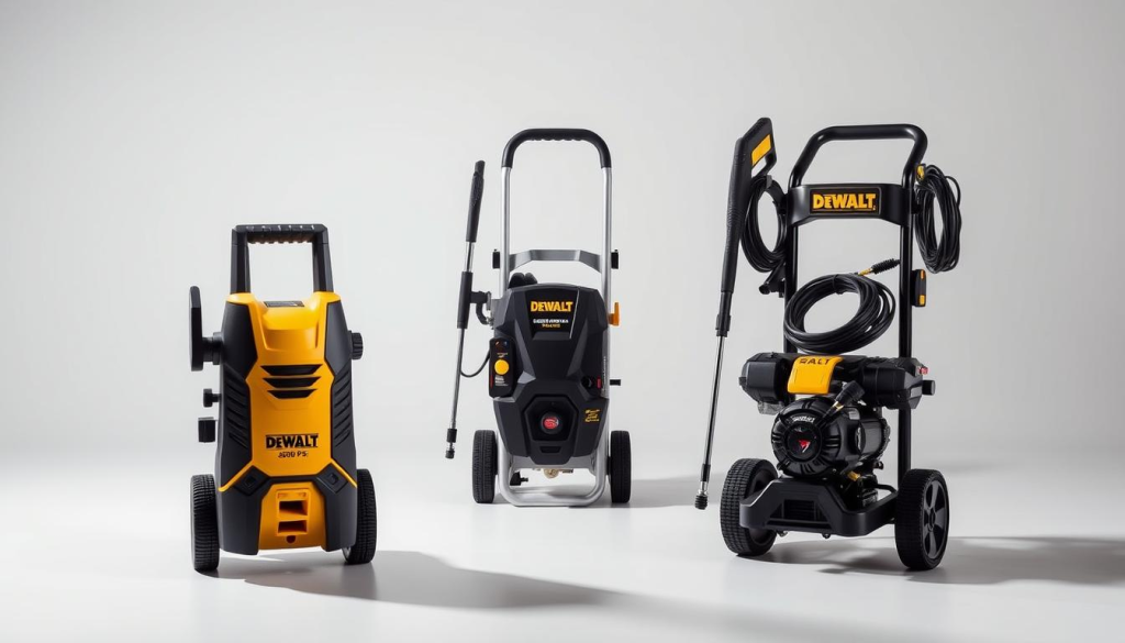 A well-lit studio setting showcasing a comparative display of DeWalt pressure washers. In the foreground, the DeWalt 3300 PSI model stands prominently, its sleek design and powerful build highlighted by precise studio lighting. In the middle ground, two other DeWalt pressure washer models are arranged for side-by-side comparison, their features and specifications visually juxtaposed. The background is a clean, minimalist backdrop, allowing the pressure washers to be the sole focus of the image. The overall mood is one of professional, technical assessment, inviting the viewer to closely examine and compare the capabilities of these powerful cleaning machines.