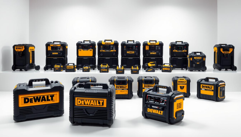 A well-lit studio setting showcasing a diverse lineup of DEWALT power station models. The foreground features the latest flagship model, its sleek design and prominent DEWALT logo prominently displayed. In the middle ground, various other power station variants are arranged in a visually appealing grid layout, highlighting their distinct form factors and capacities. The background provides a clean, minimalist backdrop, allowing the power stations to take center stage. Crisp, high-resolution photography with a slight low-angle perspective to accentuate the products' robust and dependable presence. The overall mood is one of professional, tech-savvy utility, reflecting the power and versatility of DEWALT's portable power solutions.