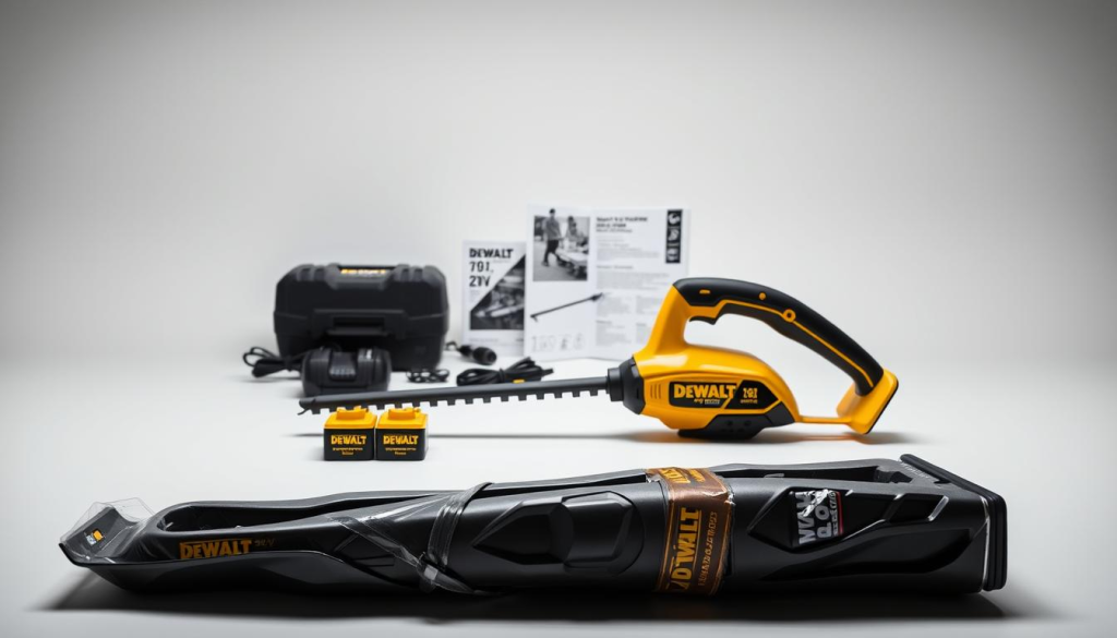 A well-lit studio setting showcasing the DEWALT 20V Edger. In the foreground, the tool is carefully unpacked from its packaging, revealing its sleek black and yellow design. The middle ground features various accessories like the battery, charger, and user manual neatly arranged. The background shows a clean, minimalist workspace with a subtle texture, creating a professional, aspirational atmosphere. Soft, directional lighting illuminates the scene, emphasizing the product's quality and attention to detail. The overall composition conveys a sense of excitement and anticipation for the user's upcoming lawn-trimming experience with this powerful DEWALT tool.