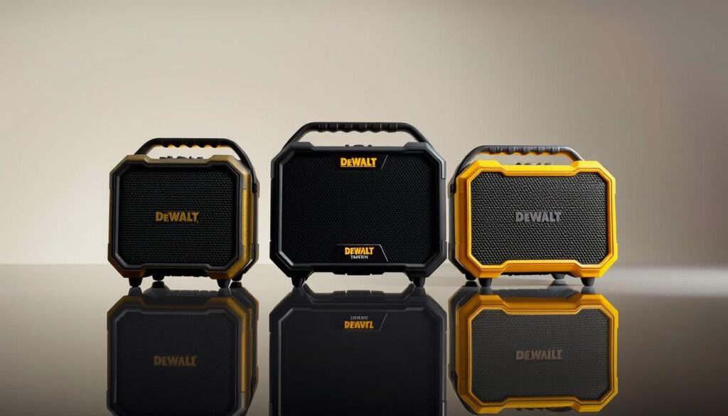 A well-lit studio setting, showcasing three DEWALT mini speakers placed side-by-side on a sleek, reflective surface. The speakers are depicted in high detail, allowing viewers to clearly compare their sizes, designs, and control interfaces. Soft, diffused lighting illuminates the scene, casting subtle shadows and highlights that accentuate the speakers' textures and curves. The background is a simple, neutral color that keeps the focus on the products. The overall mood is one of precision, sophistication, and product comparison, befitting the article's subject matter.
