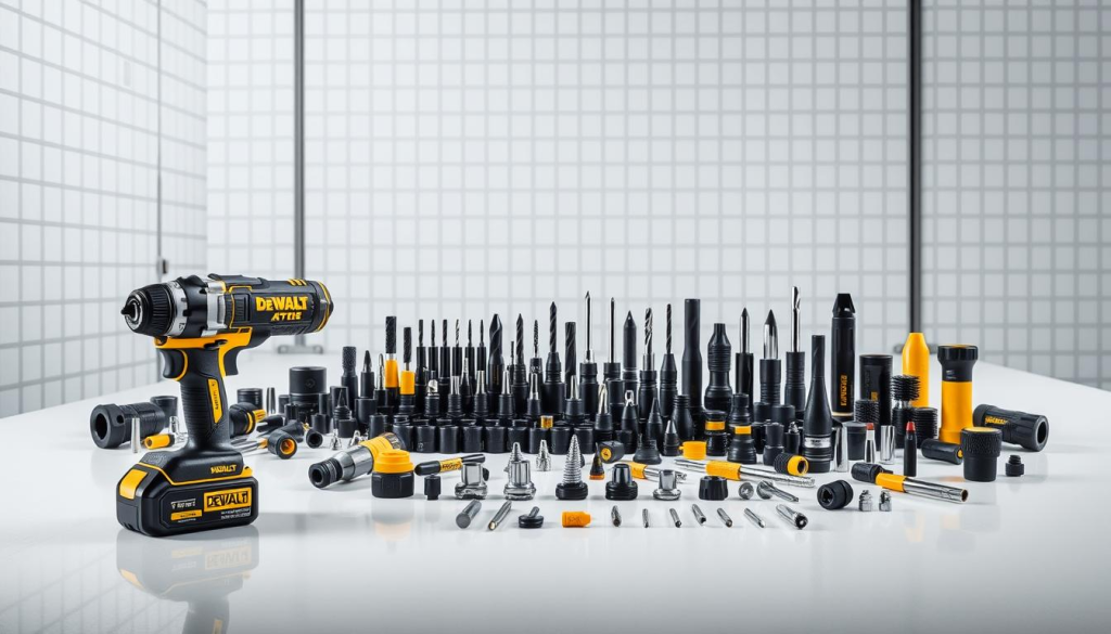A well-lit studio setup showcasing an assortment of DEWALT Atomic Impact Driver accessories. In the foreground, a compact, high-torque impact driver in matte black with vibrant yellow accents. Surrounding it, an array of attachments and accessories such as sockets, drill bits, and adapters neatly arranged on a clean, reflective surface. In the middle ground, a variety of specialized bits and fasteners, each highlighting the driver's versatility. The background features a minimalist, industrial-inspired setting, with a subtle grid pattern on the walls to emphasize the precision and engineering of the DEWALT tools. The overall scene conveys a sense of professional-grade performance and the enhanced capabilities these accessories bring to the DEWALT Atomic Impact Driver experience.