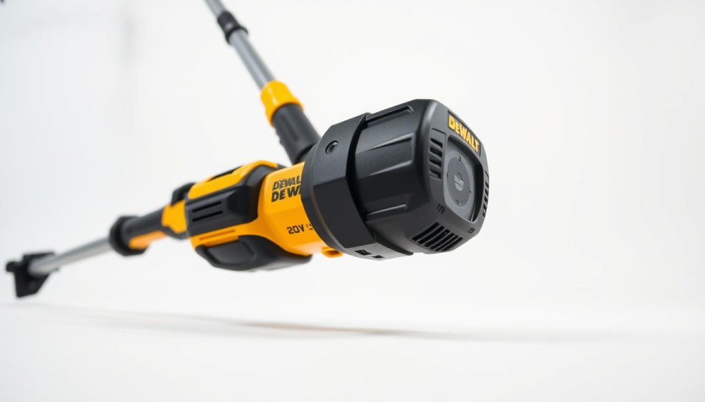 A well-lit studio shot of a DEWALT 20V MAX XR Brushless String Trimmer, captured at a low angle to emphasize its rugged and powerful design. The trimmer is set against a plain white background, allowing the tool's sleek black and yellow color scheme to stand out. The image should showcase the trimmer's key features, such as the adjustable shaft, bump feed spool, and efficient brushless motor, conveying a sense of reliable performance and effortless lawn maintenance.