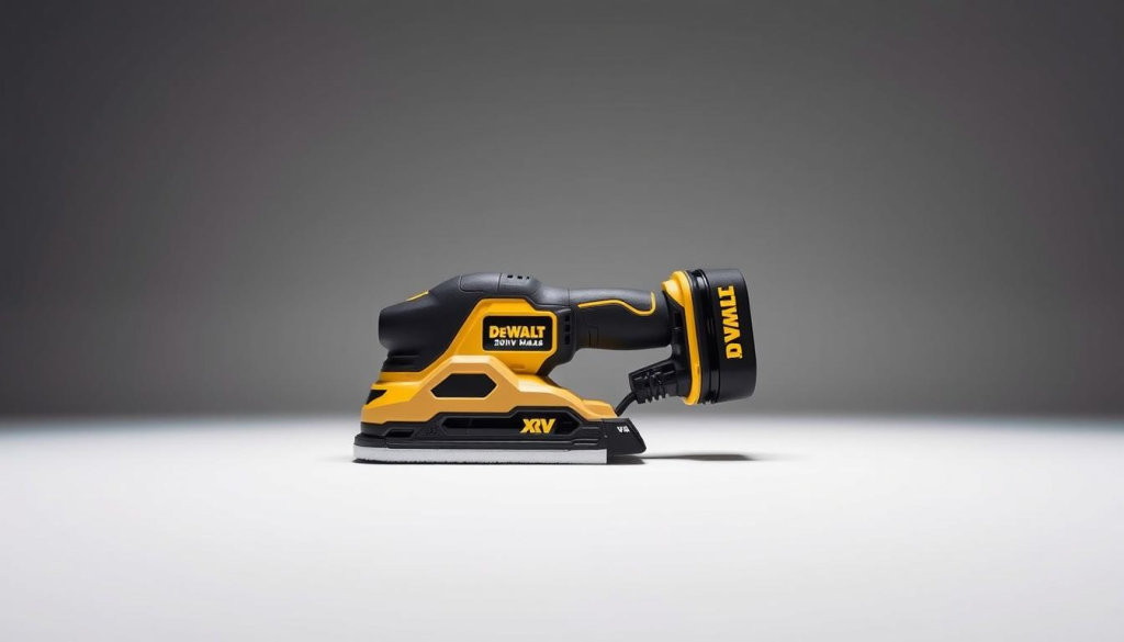 A well-lit studio shot of a DEWALT 20V MAX* XR Orbital Sander, showcasing its key features. The sander is positioned in the center, with a focus on the orbital sanding mechanism, dust collection system, and ergonomic design. The background is a clean, neutral environment, allowing the sander to be the main focal point. The lighting is crisp and even, accentuating the sleek, professional appearance of the tool. The angle is slightly elevated, providing a clear view of the sander's controls and features. The overall mood is one of precision, efficiency, and the high-quality craftsmanship that DEWALT is known for.