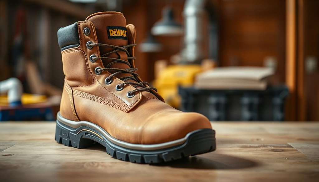 A well-lit studio shot of a pair of DEWALT work boots resting on a wooden table, with the boots taking up the foreground. The boots should be shown from a high angle, with soft, directional lighting illuminating the details of the rugged leather upper, reinforced toe cap, and heavy-duty outsole. The mid-ground should feature a blurred background, hinting at a workspace or construction site, conveying the boots' intended purpose. The overall mood should be one of quality, durability, and reliability, reflecting the "Reliable DEWALT Work Boots for Tough Jobs" theme.