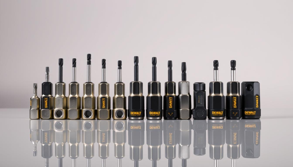 A well-lit studio shot of a variety of Dewalt nut drivers, neatly arranged on a clean, reflective surface. The drivers are presented in an organized, side-by-side comparison, showcasing their diverse sizes, head types, and distinctive Dewalt branding. The lighting highlights the sleek, metallic finishes and the drivers' sturdy construction, allowing the viewer to appreciate the quality and attention to detail. The background is minimalist and neutral, allowing the tools to be the central focus. The overall composition and lighting create a professional, technical atmosphere, suitable for illustrating a comparative review of Dewalt nut drivers.