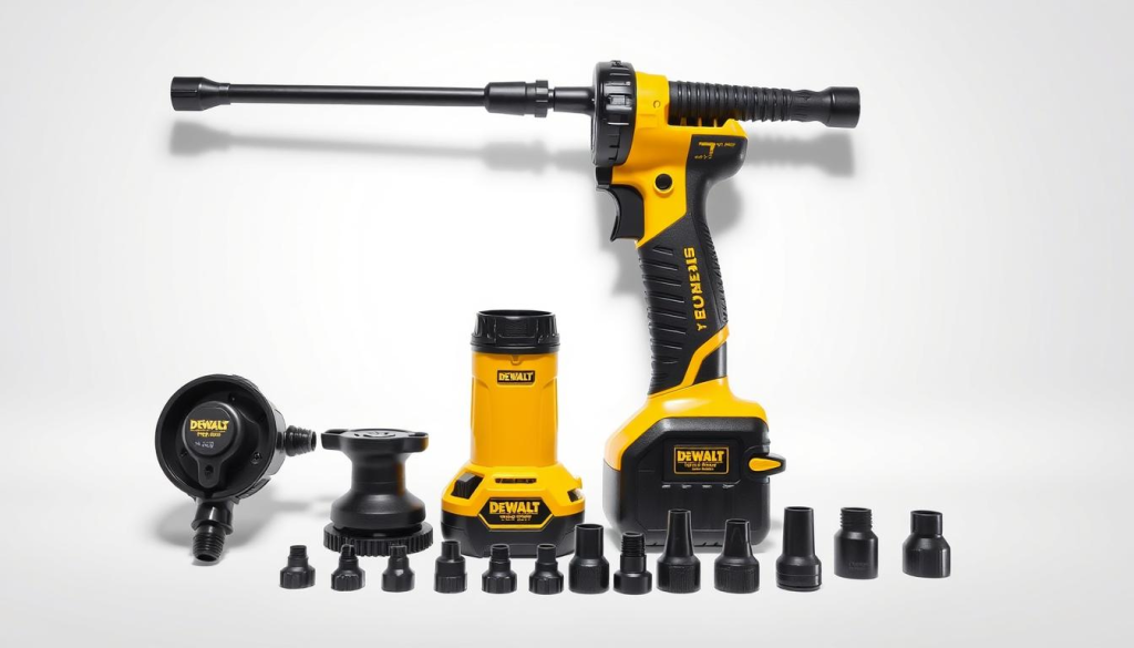 A well-lit studio shot of an assortment of DEWALT electric pressure washer accessories, including a high-pressure spray wand, a rotating turbo nozzle, a patio cleaner attachment, and a set of interchangeable nozzle tips. The accessories are displayed on a clean, seamless white background, showcasing their quality construction and sleek, modern design. The lighting emphasizes the products' metallic finishes and creates crisp shadows, highlighting their functional details. The overall composition is balanced and visually appealing, capturing the versatility and professional-grade nature of the DEWALT pressure washer accessory lineup.