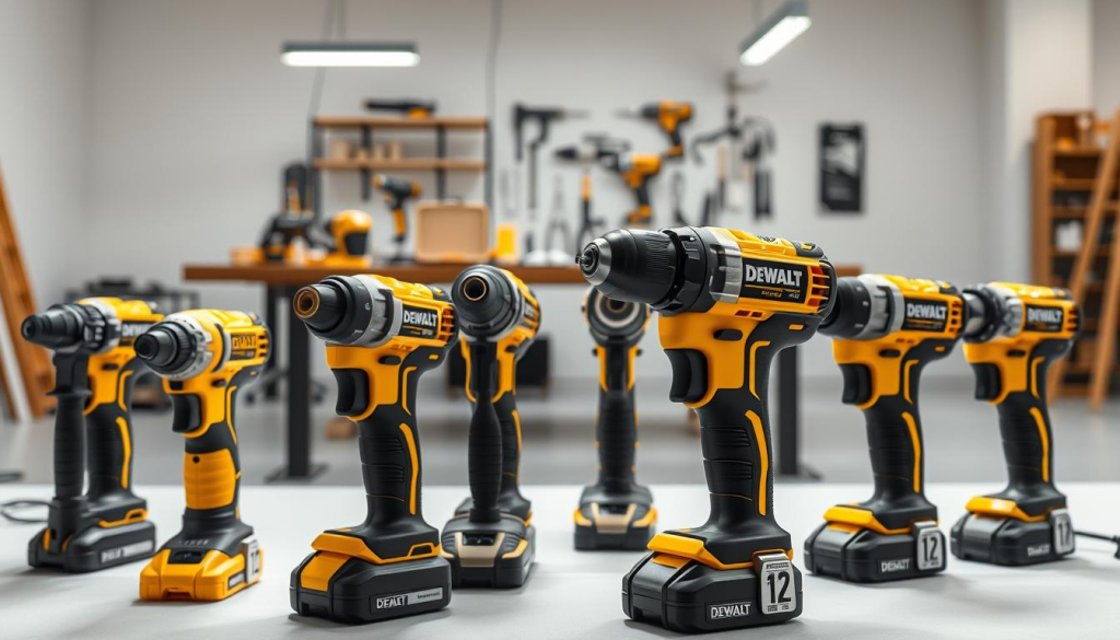 A well-lit studio shot of an assortment of DEWALT electric screwdrivers in the foreground, showcasing their diverse models and features. In the middle ground, a sleek and modern workbench with various DIY tools and materials. The background is a clean, minimalist setting, accentuating the professional and high-quality nature of the DEWALT brand. The lighting is soft and directional, highlighting the contours and details of the screwdrivers. The composition is balanced, with the screwdrivers positioned to draw the viewer's attention, conveying their versatility and suitability for a wide range of DIY projects.