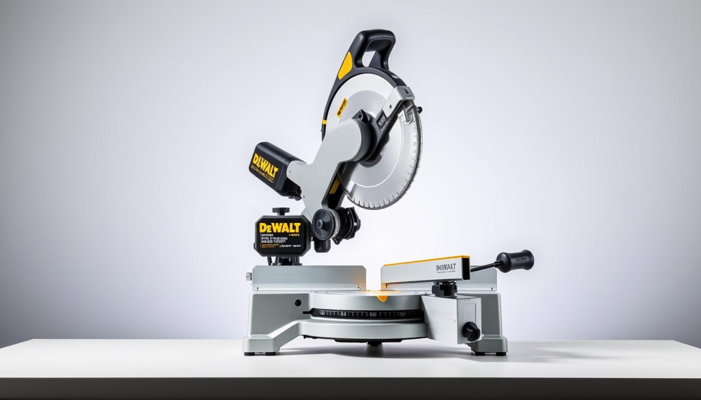 A well-lit studio shot of the Dewalt 779 miter saw, positioned prominently on a clean, white tabletop. The saw is captured from a slightly elevated angle, showcasing its sleek, modern design with sharp, clean lines. The foreground focuses on the saw's key specifications, including its 12-inch blade, 15-amp motor, and the precise miter and bevel adjustments. The middle ground reveals the saw's sturdy, cast-aluminum base and the ergonomic handle, while the background softly fades into a subtle, yet sophisticated gray gradient, creating a sense of depth and professionalism.