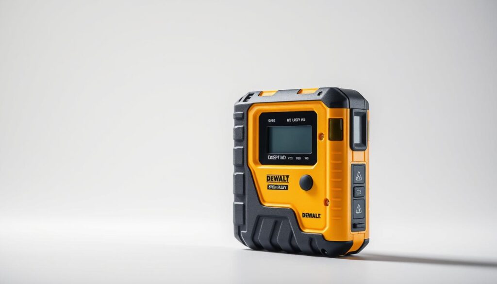 A well-lit studio shot of the best DEWALT stud finder, showcasing its sleek and ergonomic design. The device is prominently displayed in the foreground, with a clean and minimal background that allows the product to take center stage. The image should capture the high-quality construction and precision engineering of the DEWALT stud finder, highlighting its key features such as the LCD display, depth markings, and the sturdy body. The lighting should be soft and diffused, creating a professional and inviting atmosphere that complements the overall aesthetic of the DEWALT brand. The camera angle should be slightly elevated, providing a detailed and comprehensive view of the stud finder, allowing the viewer to appreciate its functionality and versatility.