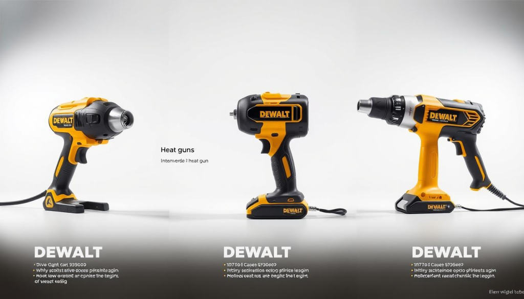 A well-lit studio shot showcasing a comparison of three DEWALT heat gun models, arranged in a clean, organized layout. The foreground features the models in sharp focus, highlighting their distinctive designs and features. The middle ground provides technical details about the specifications, power outputs, and intended use cases for each model. The background maintains a neutral, minimalist tone to draw attention to the products. Crisp lighting from multiple angles accentuates the textures and materials of the heat guns, creating a professional, high-quality visual for the article.