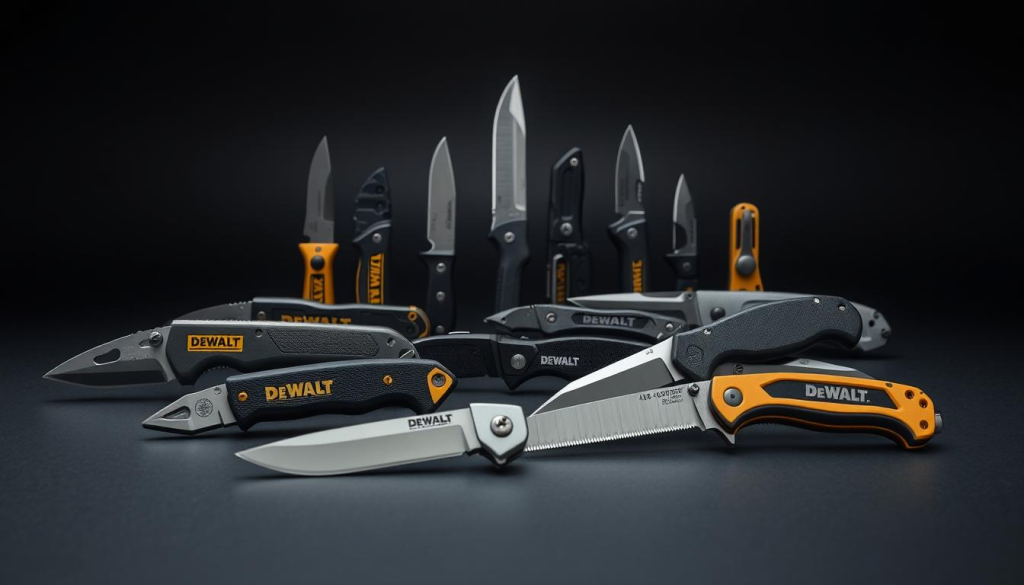 A well-lit studio shot showcasing a diverse collection of DEWALT knives. In the foreground, a sturdy utility knife, a precise precision knife, and a heavy-duty serrated knife are arranged neatly on a smooth, dark surface. In the middle ground, a folding pocket knife, a rugged fixed-blade knife, and a versatile all-purpose knife are displayed. The background features a subtle, blurred gradient, highlighting the sleek, metallic finishes and ergonomic handles of the DEWALT knives. The overall composition conveys the durability, versatility, and attention to detail that define the DEWALT brand.