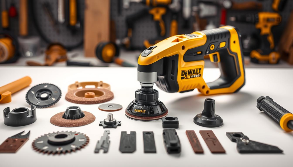 A well-lit studio shot showcasing a variety of DEWALT XR oscillating tool accessories. In the foreground, a collection of precision cutting blades, sanding pads, and scraper attachments are arranged neatly on a clean, white surface. The middle ground features the DEWALT XR oscillating tool itself, its sleek and ergonomic design highlighted by soft, directional lighting. In the background, a subtly blurred workspace with various DIY tools and materials, creating a sense of context and utility. The overall mood is professional, informative, and designed to inspire confidence in the tool's versatility and performance.