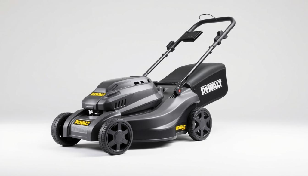 A well-lit, studio-style photograph of a DEWALT 60V cordless lawn mower set against a plain, light-colored background. The mower is positioned in the center, highlighting its sleek, modern design with the DEWALT logo prominently displayed. The machine appears pristine, with a polished finish and sharp edges, conveying a sense of quality and durability. The lighting is carefully controlled, creating soft, even shadows and enhancing the overall visual appeal. The composition is balanced, drawing the viewer's attention to the key features of the lawn mower. The atmosphere is professional and inviting, encouraging the viewer to imagine the mower in use and consider the customer reviews.