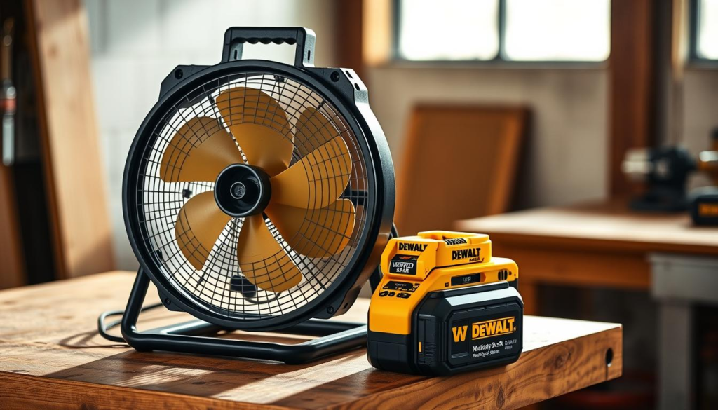 A well-lit, studio-style photograph of a DEWALT battery-powered fan setup. The fan is positioned on a sturdy workbench, its sleek, black housing contrasting with the warm, wooden surface. The fan's blades are gently rotating, creating a subtle breeze. The DEWALT battery pack is securely attached, its distinct yellow casing visible. In the background, the scene is bathed in soft, directional lighting, casting natural shadows and highlights that accentuate the fan's form and functionality. The overall composition emphasizes the portable, cordless nature of the DEWALT fan, making it an ideal solution for workshop or job site use.