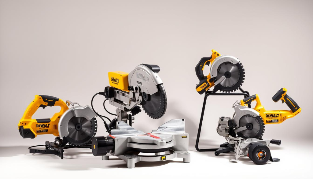 A well-lit, studio-style photograph of a DEWALT chop saw, positioned prominently in the foreground. The saw is surrounded by three similar chop saws from competing brands, arranged in a comparative display. The saws are captured at a slight angle, highlighting their distinct features and design elements. The background is clean and minimalist, with a soft, diffused lighting setup that casts subtle shadows, creating depth and emphasizing the products. The overall composition conveys a sense of professional evaluation, inviting the viewer to closely examine and compare the key differences between the DEWALT chop saw and its competitors.
