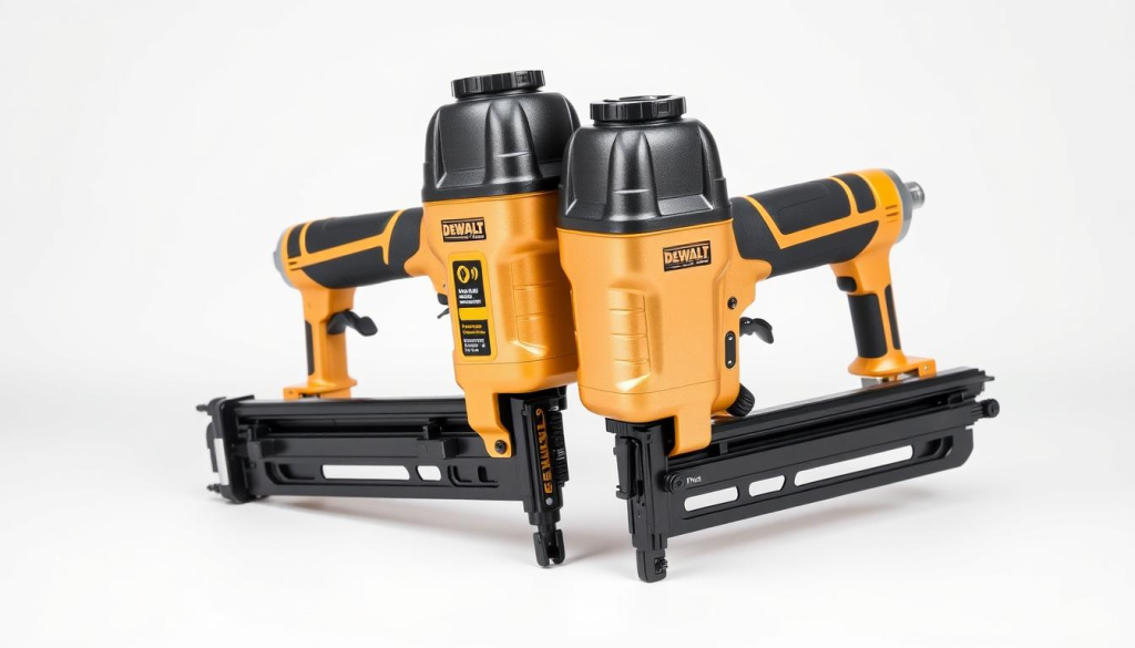 A well-lit, studio-style photograph of two DEWALT brad nailers positioned side-by-side on a clean, white background. The nailers are prominently displayed, showcasing their sleek, professional design and sturdy construction. Subtle shadows and highlights accentuate the tools' metallic finishes and textures, conveying a sense of quality and attention to detail. The image captures the essence of DEWALT's reputation for producing reliable, high-performance power tools trusted by DIY enthusiasts and professionals alike.