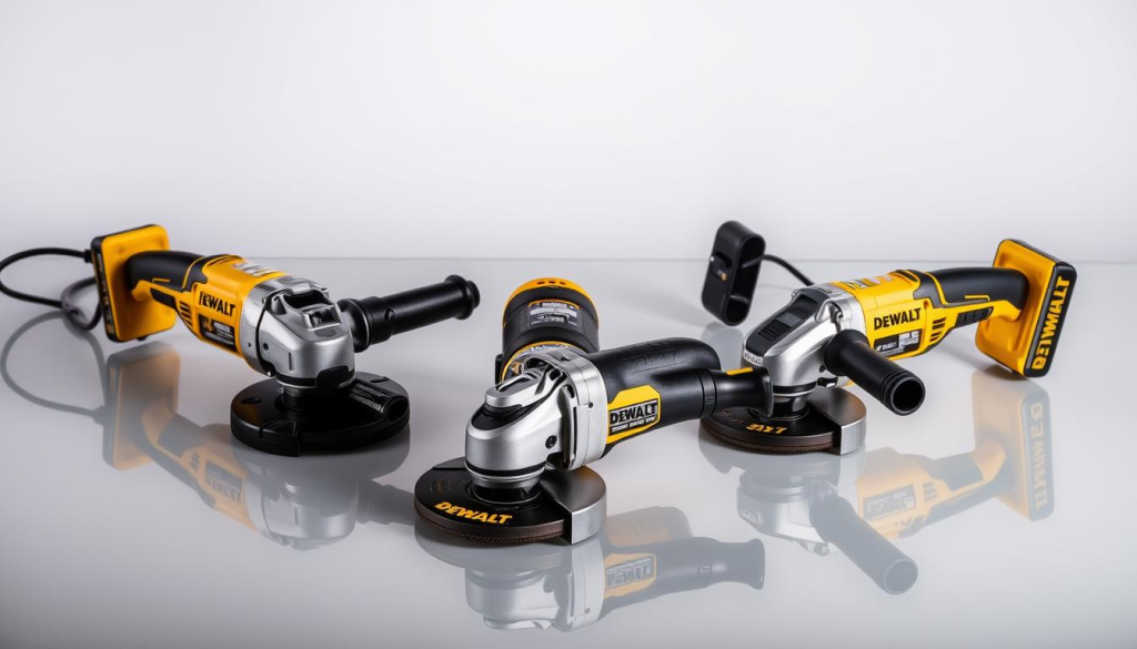 A well-lit, studio-style scene showcasing three DEWALT corded grinders arranged on a clean, reflective surface. The grinders are positioned to allow for a clear, side-by-side comparison, highlighting their distinctive features and designs. Soft, directional lighting casts subtle shadows, emphasizing the textures and materials of the tools. The background is a simple, neutral tone, allowing the grinders to be the central focus. The image conveys a sense of quality, durability, and the reliable performance that DEWALT is known for, reflecting the benefits of using these professional-grade power tools.