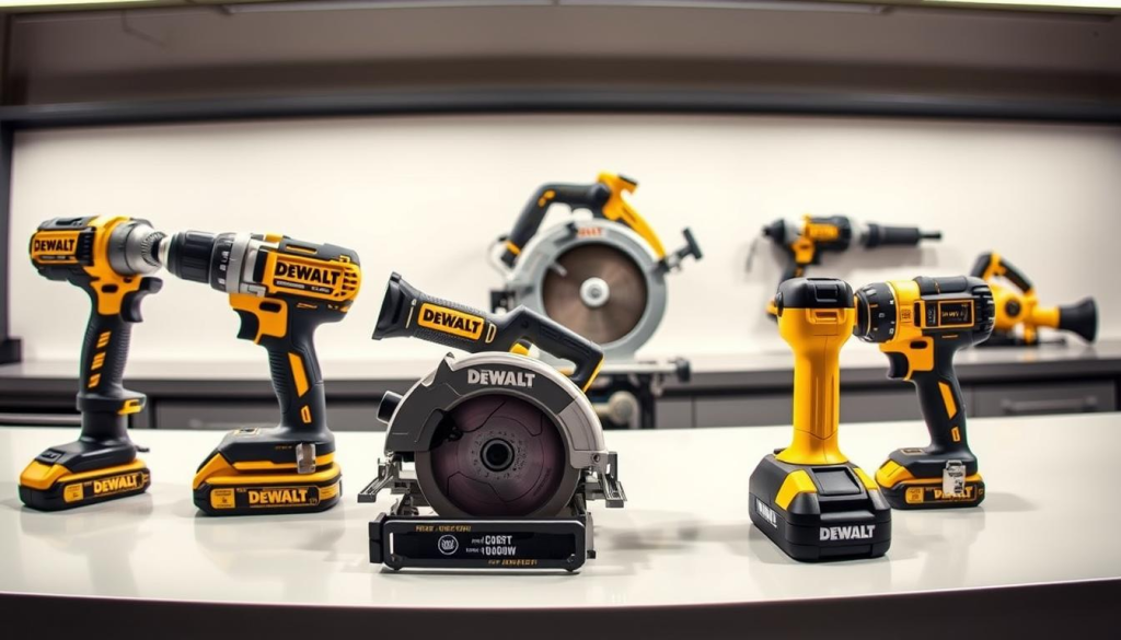 A well-lit, wide-angle photograph showcasing an assortment of DEWALT power tools arranged on a sleek, modern workbench. In the foreground, a cordless drill, an impact wrench, and a circular saw stand out with their vibrant yellow and black casings. In the middle ground, a miter saw and a random orbital sander are positioned, highlighting the brand's diverse range of professional-grade tools. The background features a clean, uncluttered space, emphasizing the tools' quality and the potential savings available at the DEWALT Outlet.