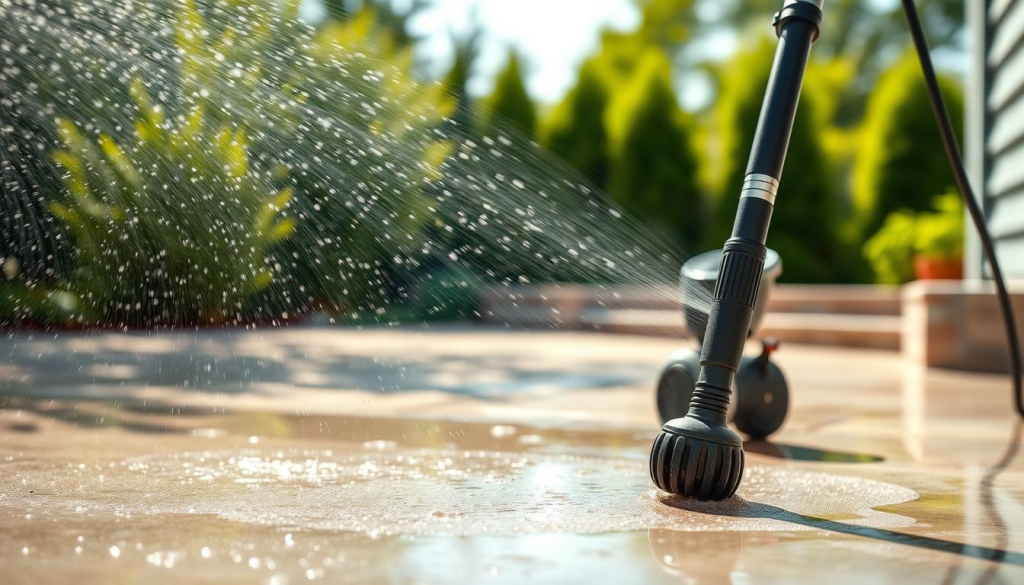 A well-lit, wide-angle shot of a pressure washer in use, showcasing its various benefits. The foreground features a clean, freshly washed surface, with water droplets glistening in the sun. The middle ground depicts the pressure washer in action, its powerful spray efficiently removing dirt and grime from a variety of outdoor surfaces, such as a patio, driveway, or siding. The background includes a lush, verdant landscape, conveying a sense of cleanliness and rejuvenation. The image should exude a sense of ease and effortlessness, highlighting the effectiveness and convenience of using a pressure washer for outdoor cleaning tasks.