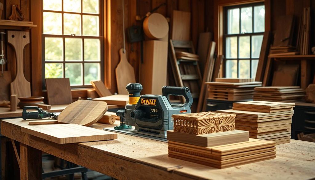 A well-lit woodworking workshop, the Dewalt 734 planer prominently displayed on a sturdy workbench. Surrounding it, an assortment of projects in various stages of completion - a smooth-surfaced wooden cutting board, a delicately carved decorative box, and a stack of neatly planed boards ready for assembly. Warm, natural lighting cascades through large windows, casting a soft glow on the tools and materials. The scene conveys a sense of productivity, functionality, and the versatility of the Dewalt 734 planer for a wide range of woodworking endeavors.