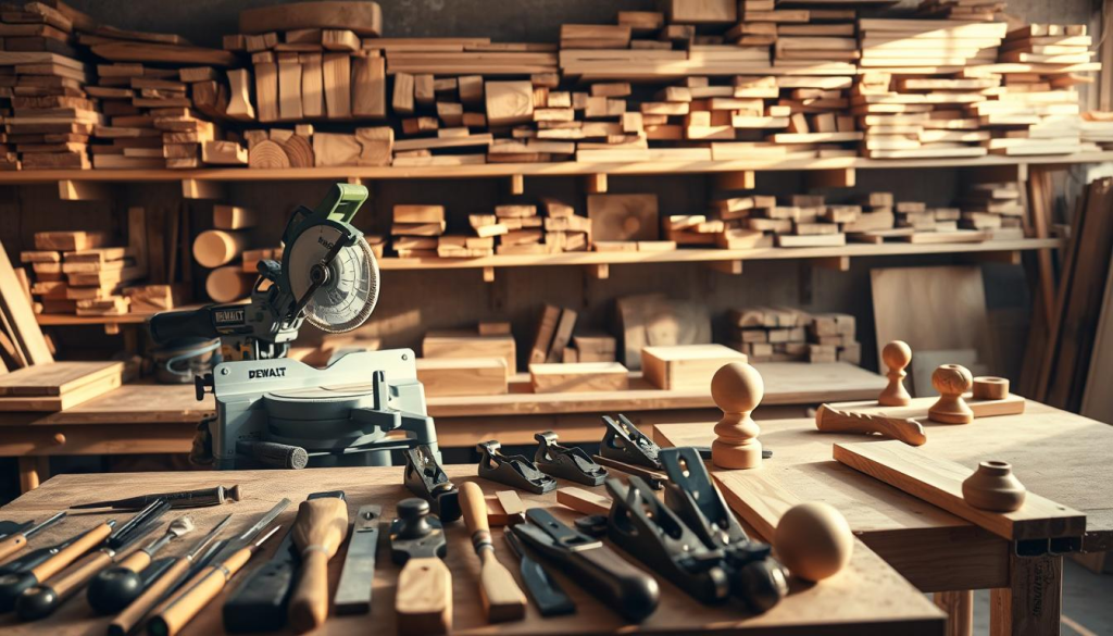 A well-lit woodworking workshop, with a DEWALT DWS779 miter saw prominently displayed on a sturdy workbench. In the foreground, an assortment of hand tools, including chisels, planes, and a coping saw, are neatly arranged. In the middle ground, various wooden projects are in progress, such as a finely crafted box, a small side table, and a delicate wooden carving. The background features shelves laden with an array of lumber, from rough-sawn planks to finely sanded boards, casting warm, natural shadows across the scene. The overall atmosphere is one of focus, precision, and the joy of craftsmanship.