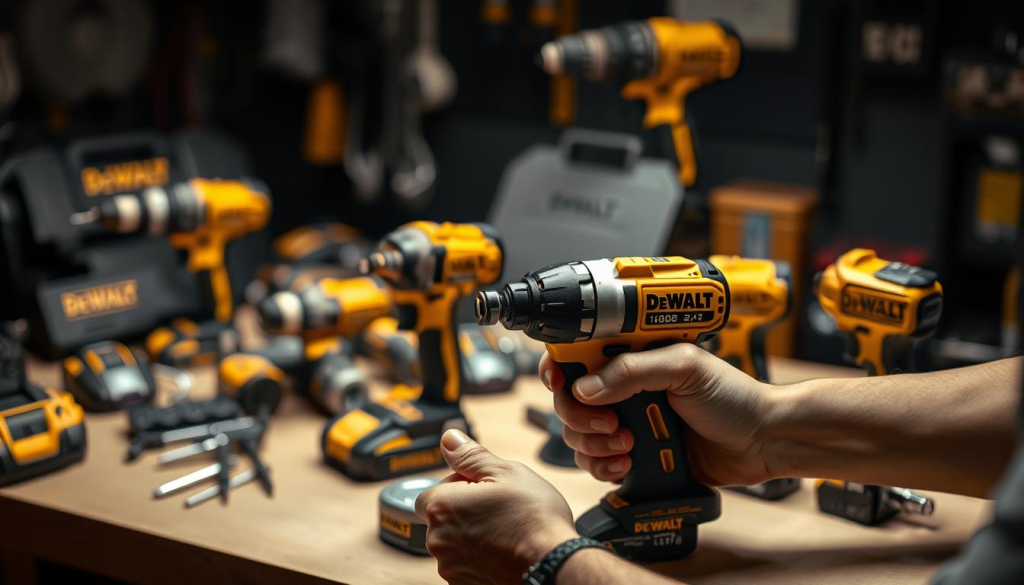 A well-lit workbench scene featuring an array of DeWalt power tools, including a 1/4 impact driver, cordless drill, and other accessories. The tools are arranged neatly, showcasing their sleek, industrial design. In the foreground, a pair of mechanic's hands expertly disassembling the impact driver, exposing its inner components. The background is blurred, creating a focus on the maintenance process. Soft, warm lighting illuminates the scene, conveying a sense of care and attention to detail. The overall mood is one of professionalism and dedication to the long-term performance of these powerful tools.