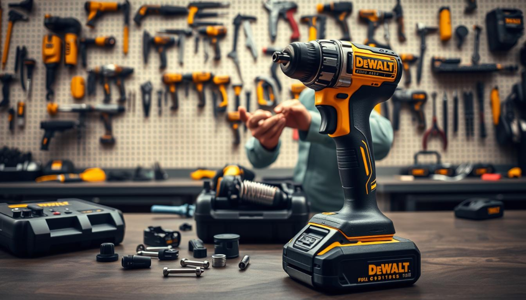 A well-lit workbench showcases a DeWalt cordless drill kit in the foreground, its components neatly arranged. In the middle ground, a technician's hands deftly disassembling the drill, exposing its inner mechanics. The background features a pegboard wall displaying an array of DeWalt tools, creating a professional, workshop-like atmosphere. Soft shadows and highlights accentuate the textures and materials, conveying a sense of care and attention to detail in the maintenance process. The overall scene evokes a feeling of confidence in the longevity and dependability of the DeWalt cordless drill.