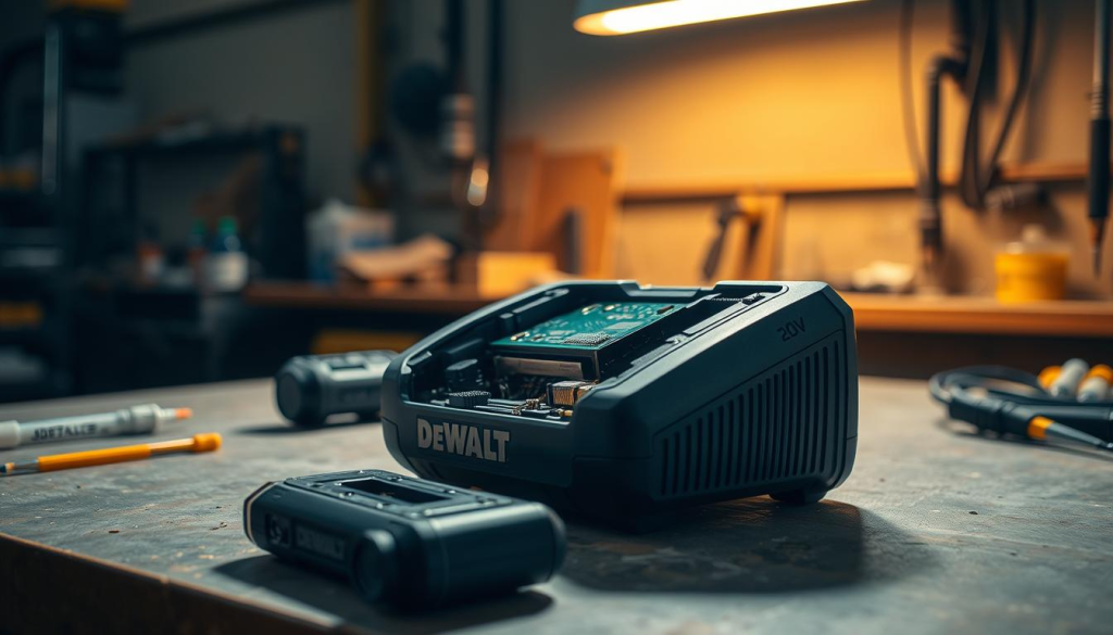 A well-lit workbench showcases a disassembled DEWALT 20V battery charger, its components neatly arranged. The charger's circuit board and internal mechanisms are meticulously exposed, inviting a closer examination. Warm task lighting illuminates the scene, casting a technical, investigative atmosphere. The background features a muted, industrial palette, focusing attention on the charger's intricate anatomy. Subtle shadows and reflections add depth and dimensionality, conveying a sense of thoughtful troubleshooting. The overall composition strikes a balance between functional detail and artistic representation, reflecting the practical nature of the subject matter.