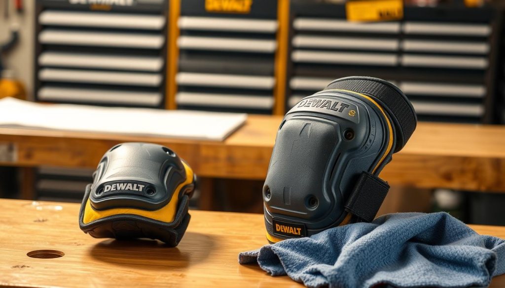 A well-lit workbench showcases a pair of DEWALT knee pads, their rugged construction and attention to detail on full display. In the foreground, the pads are open, revealing the interior foam padding and adjustable straps. In the middle ground, a clean, damp cloth lies ready to wipe away any accumulated dirt or debris. The background features an organized tool chest, hinting at the professional environment where these knee pads are put to the test. The overall scene conveys a sense of meticulous maintenance, ensuring the DEWALT knee pads remain in peak condition for comfort and protection during demanding work.
