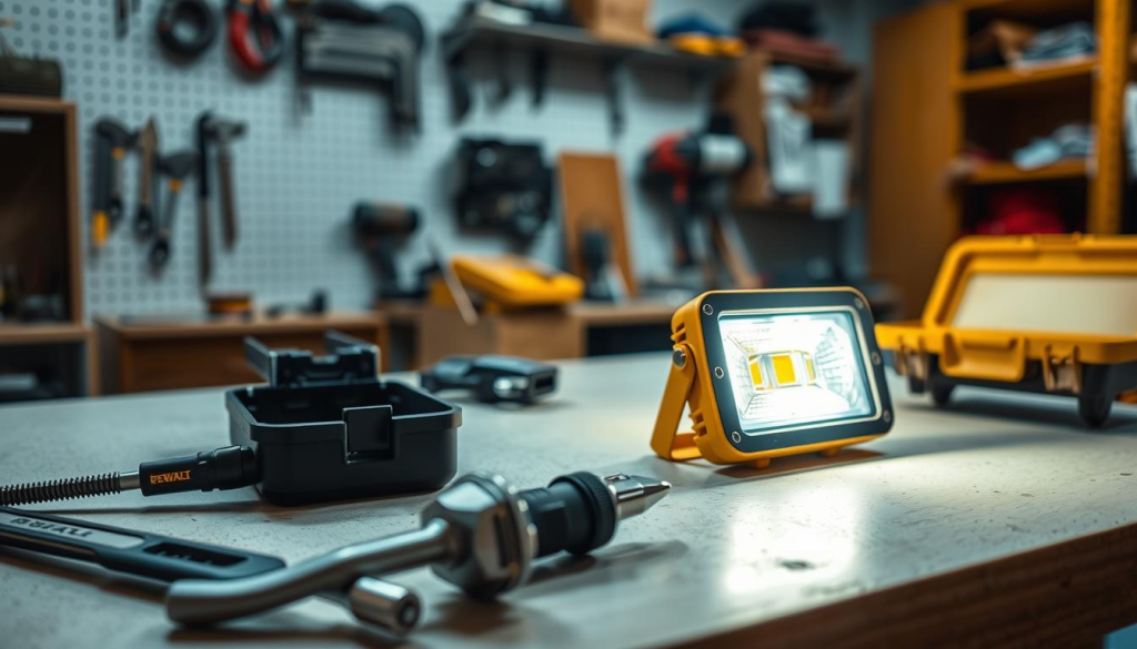 A well-lit workbench with a DEWALT LED work light prominently displayed, casting a warm, even glow across the surface. In the foreground, a wrench, screwdriver, and a small open toolbox, suggesting maintenance and repair tasks. In the middle ground, a partially disassembled DEWALT work light, its internal components visible, conveying the idea of servicing and troubleshooting. The background features a clean, organized workshop environment, with shelves of tools and materials, creating a sense of professionalism and attention to detail.