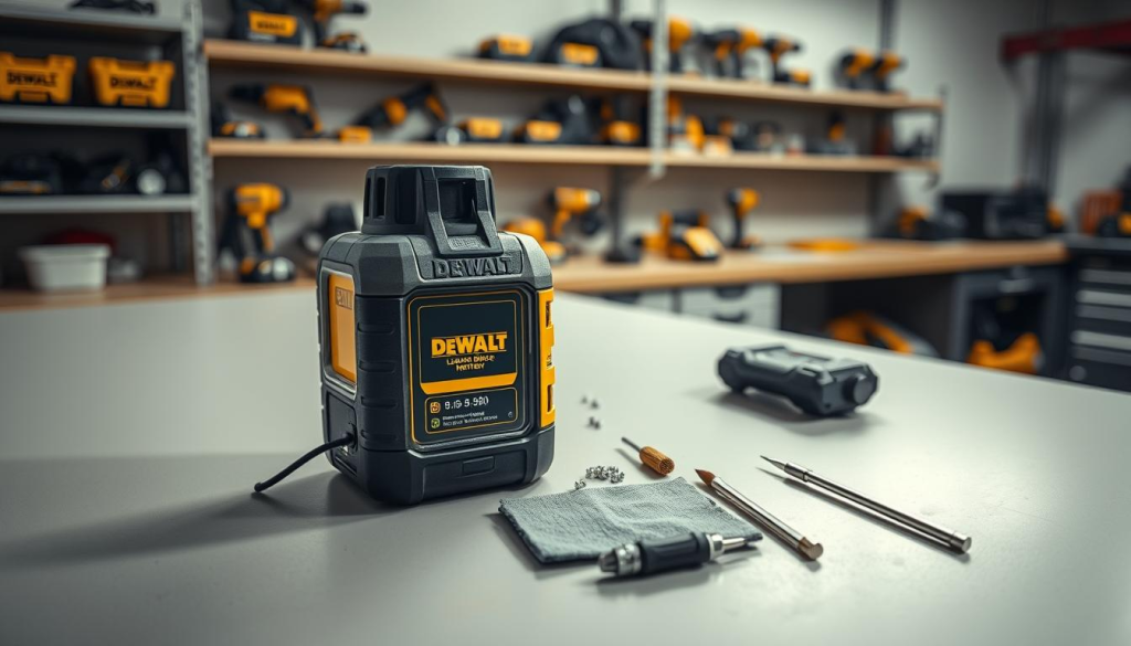 A well-lit workbench with a DEWALT laser distance meter positioned in the foreground, its sleek, sturdy design gleaming under a soft, diffused light. In the middle ground, an array of essential maintenance tools - a microfiber cloth, a small brush, and a screwdriver set - neatly arranged, ready to be employed. The background features a clean, organized workspace, with shelves displaying a range of DEWALT power tools, suggesting a professional, industrial setting. The overall atmosphere conveys a sense of precision, care, and attention to detail, befitting the maintenance of a high-quality DEWALT laser instrument.