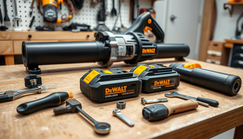 A well-lit workbench with a DeWalt 20V cordless leaf blower disassembled, its internal components laid out neatly. In the foreground, a set of specialized tools, including a screwdriver, a wrench, and a brush, arranged with precision. The middle ground features the leaf blower's battery, its sleek design and bright yellow accents contrasting against the neutral tones of the workbench. The background showcases a clean, organized workshop space, hinting at the care and attention given to maintaining this powerful yard cleanup tool.
