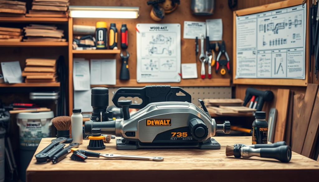 A well-lit workshop interior, meticulously organized with tools and equipment. In the foreground, a DEWALT 735 planer sits atop a sturdy workbench, its brushed metal casing gleaming under soft, directional lighting. Surrounding it, an array of maintenance tools - brushes, lubricants, wrenches - neatly arranged, suggesting a comprehensive care regimen. In the middle ground, technical diagrams and schematics are pinned to a corkboard, providing step-by-step instructions for routine planer maintenance. The background features shelves laden with woodworking supplies, creating a sense of a dedicated workspace focused on preserving the performance and longevity of the DEWALT 735 planer.
