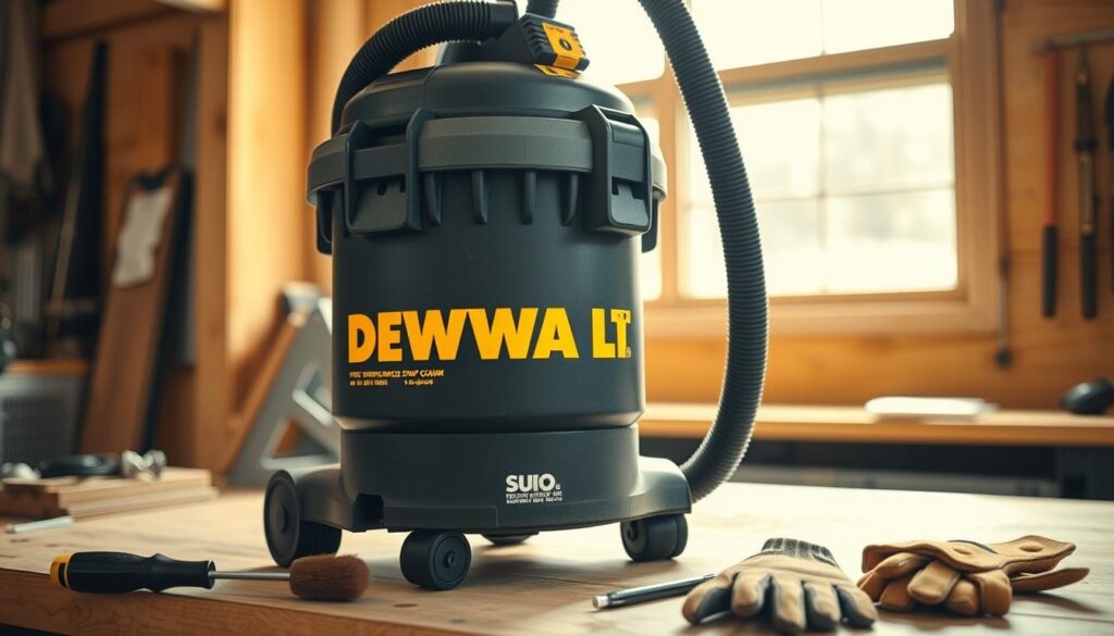 A well-lit workshop interior, the focus on a sturdy DEWALT shop vac standing on a wooden workbench. Soft natural light filters in through a window, casting a warm glow on the matte black and yellow vacuum cleaner. The model's exterior is shown in detailed close-up, highlighting the metal-reinforced hose, large casters, and the easy-access filter compartment. Surrounding the vacuum are various maintenance tools - a filter brush, a screwdriver, and a pair of work gloves, suggesting a routine cleaning and upkeep session. The overall scene conveys a sense of functionality and reliability, befitting the DEWALT brand.