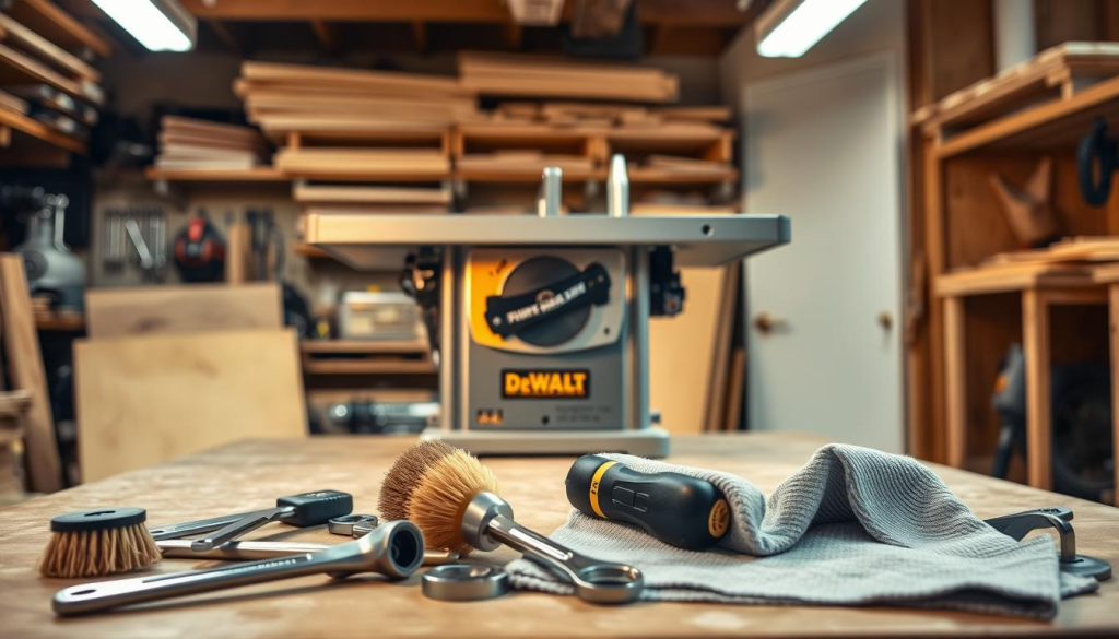 A well-lit workshop interior, the focus on a sturdy Dewalt 8-1/4" table saw standing prominently on a workbench. The saw's metallic body and blade gleam under the warm lighting, conveying its power and precision. In the foreground, a collection of maintenance tools - brushes, wrenches, and a clean shop rag - are carefully arranged, suggesting an upcoming servicing session. The background features shelves stocked with lumber and workshop essentials, creating a sense of an active, functional workspace. The overall atmosphere is one of calm, professional care - a scene that encapsulates the diligent maintenance required to ensure the longevity of this powerful woodworking tool.