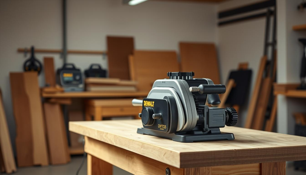 A well-lit workshop interior with a Dewalt DW735 planer placed prominently on a sturdy workbench. The planer's controls and features are clearly visible, inviting the viewer to inspect and troubleshoot the machine. Soft shadows and even lighting create a sense of depth and focus on the planer. The background is a clean, uncluttered space, allowing the planer to be the central point of interest. The overall mood is one of professional craftsmanship and attention to detail, reflecting the maintenance and care required for this powerful woodworking tool.