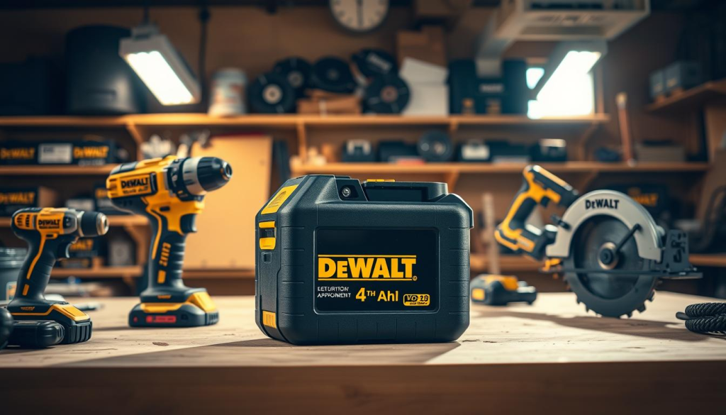 A well-lit workshop interior, with a central workbench showcasing a DeWalt 4Ah battery pack. The battery is prominently displayed, surrounded by various power tools - a cordless drill, an impact driver, and a circular saw - all connected and in use, highlighting the battery's versatile applications. Shelves in the background contain additional DeWalt accessories and related equipment. Warm, directional lighting casts shadows, emphasizing the battery's form and the tools' functionality. The overall scene conveys the power, reliability, and diverse usability of the DeWalt 4Ah battery across a range of professional-grade power tools.