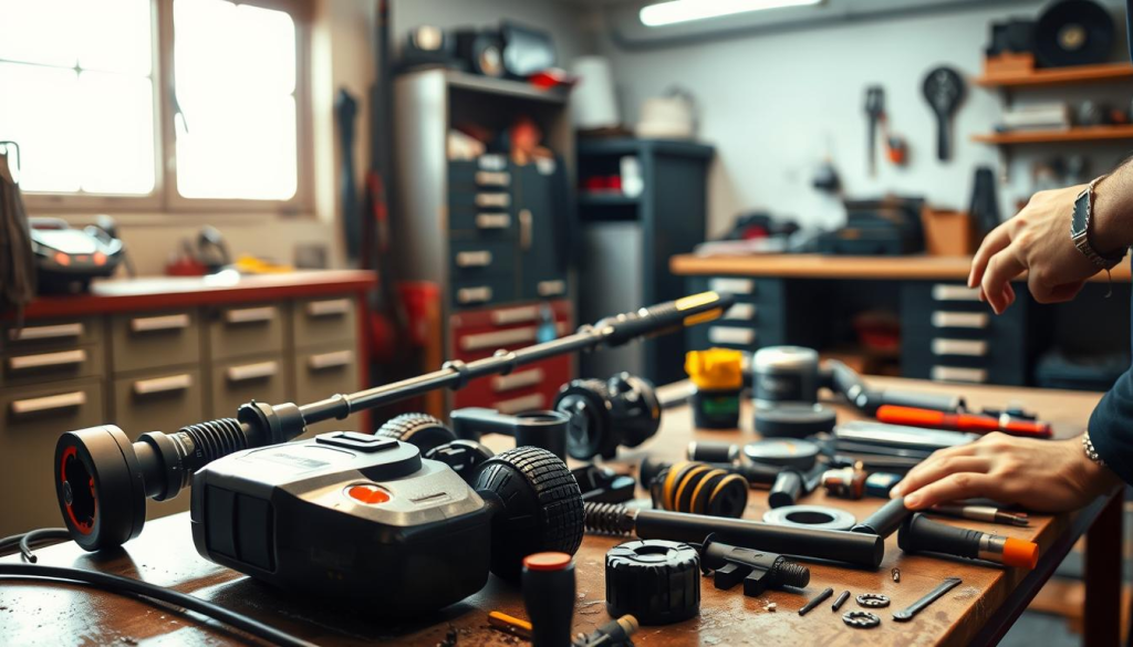 A well-lit workshop interior, with a cordless pressure washer in the foreground. The washer is disassembled, with various components laid out neatly on a workbench. A mechanic's hands are visible, carefully cleaning and inspecting the parts. The background features tool cabinets, shelves, and other workshop accessories, creating a sense of a professional maintenance setup. Warm, diffused lighting illuminates the scene, casting soft shadows and highlighting the intricate details of the pressure washer. The overall atmosphere conveys a sense of attentive care and diligence in maintaining the cordless power equipment.
