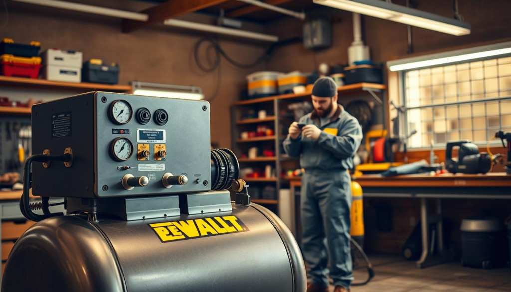 A well-lit workshop interior, with a prominent DEWALT 80 Gallon Air Compressor in the foreground. The compressor's steel body and sturdy frame are visible, with a focus on the control panel, pressure gauges, and air hose connection points. In the middle ground, a mechanic in a clean, protective jumpsuit is performing routine maintenance, inspecting the air filter, oil levels, and ensuring the compressor is functioning optimally. The background features shelves of tools, spare parts, and a workbench, conveying a sense of a well-organized, professional workshop environment. The lighting is warm and even, casting a practical, utilitarian atmosphere, emphasizing the importance of proper air compressor upkeep for long-term performance and reliability.