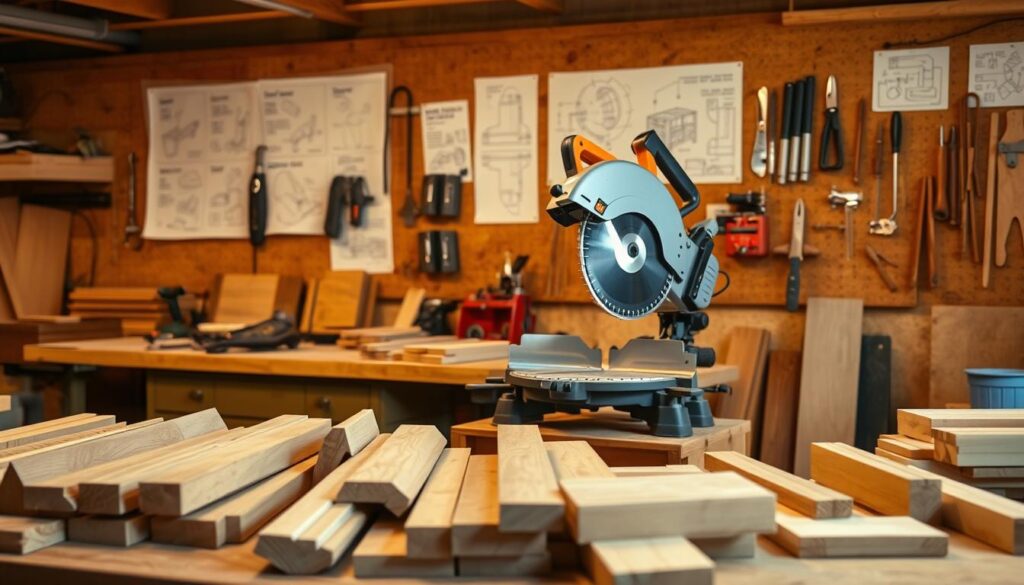 A well-lit workshop interior with a prominent miter saw on a sturdy workbench. In the foreground, an assortment of wooden workpieces, varying in shape and size, are neatly arranged, hinting at the diverse project possibilities. The middle ground showcases a collection of hand tools and jigs, suggesting the precision and versatility of the miter saw. The background features inspirational sketches and project plans pinned to a corkboard, providing a sense of creativity and imagination. The lighting is warm and directional, casting subtle shadows that accentuate the textures of the wood and tools. The overall atmosphere is one of a productive, well-equipped workspace, ready to tackle a wide range of miter saw projects.