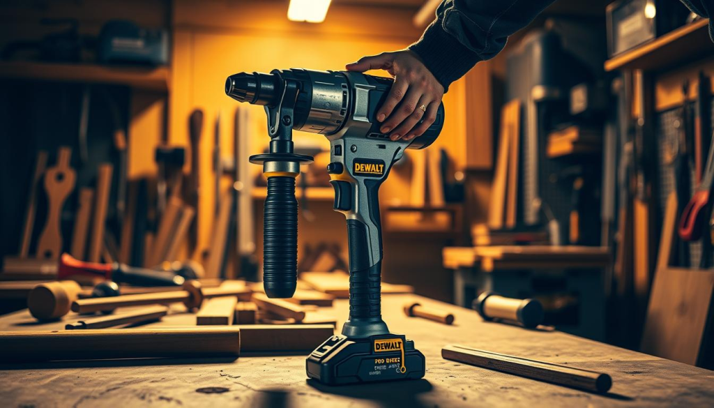 A well-lit workshop interior, with a sturdy DEWALT 90 Degree Drill taking center stage on a workbench. The drill's brushed metal casing and ergonomic design are highlighted, showcasing its robust construction. The user's hands are visible, demonstrating the drill's ease of use and maneuverability, particularly in tight spaces. Surrounding the drill are various woodworking tools, creating a professional, task-oriented atmosphere. Warm, directional lighting casts dynamic shadows, adding depth and accentuating the drill's detailed features. The overall scene conveys the product's versatility and positive user reviews through a realistic, workshop-inspired setting.