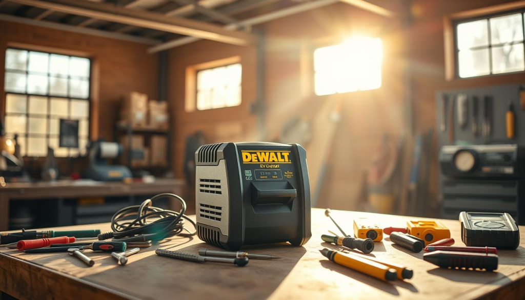 A well-lit workshop interior with a sturdy DEWALT EV charger prominently displayed on a workbench. The charger is surrounded by various maintenance tools, such as pliers, screwdrivers, and a multimeter, neatly arranged. Sunlight streams in through large windows, casting a warm, natural glow over the scene. The overall atmosphere conveys a sense of organized efficiency, reflecting the reliable and durable nature of the DEWALT brand. The focus is on the charger, highlighting its importance and the care required to maintain it for optimal performance.
