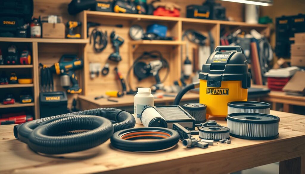 A well-lit workshop interior with a sturdy wooden workbench in the foreground. On the bench, a DEWALT shop vacuum and an assortment of accessories, including hoses, attachments, and filters, arranged neatly. The accessories are depicted with a sharp focus, highlighting the intricate details and textures. The background features shelves with various power tools and supplies, creating a professional, organized workspace atmosphere. The lighting is warm and directional, casting subtle shadows that accentuate the three-dimensional shapes of the vacuum and accessories. The overall composition suggests a step-by-step installation process, inviting the viewer to imagine the satisfying completion of a project.