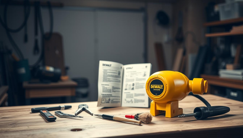 A well-lit workshop interior, with a sturdy wooden workbench in the foreground. On the bench, a DEWALT air horn sits prominently, its yellow casing gleaming under the soft, diffused lighting. Nearby, a set of tools - pliers, screwdrivers, and a small brush - are arranged neatly, suggesting a methodical maintenance routine. In the middle ground, a detailed instruction manual is open, providing guidance on disassembly and cleaning. The background is hazy, softly focused, creating a sense of depth and concentration on the task at hand. The overall mood is one of professional care and attention, reflecting the reliable and durable nature of the DEWALT air horn.