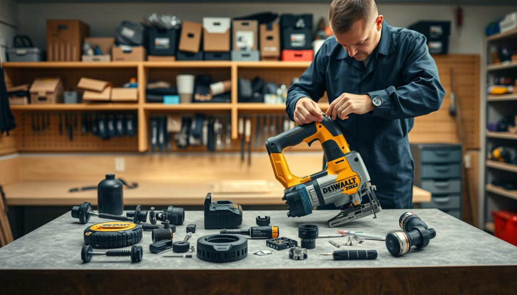 A well-lit workshop interior with a sturdy workbench in the foreground. On the bench, a DEWALT 20V jigsaw is disassembled, its components neatly arranged. A technician in a navy blue jumpsuit carefully examines each part, cleaning and inspecting them with precision tools. The background features shelves stocked with organized power tool accessories and maintenance supplies. Soft, directional lighting casts subtle shadows, emphasizing the intricate details of the jigsaw's inner workings. The overall atmosphere conveys a sense of focused, professional care and attention to detail in maintaining this essential DIY power tool.