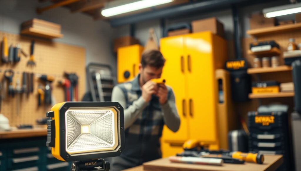 A well-lit workshop or jobsite, with a DEWALT work light positioned prominently in the foreground. The light casts a warm, focused glow, illuminating the surrounding tools and workbench. In the middle ground, a worker carefully inspects the light, checking for any signs of wear or damage. The background features neatly organized shelves and storage units, conveying a sense of order and attention to detail. The overall scene emphasizes the importance of proper maintenance for ensuring the reliable performance of the DEWALT work light, a critical tool for any workshop or jobsite.