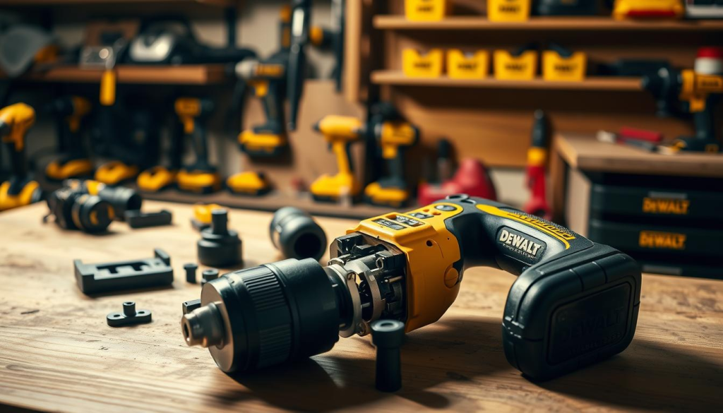 A well-lit workshop scene, a DEWALT 3/8" cordless impact wrench resting on a wooden workbench. The tool is disassembled, its components carefully arranged, showcasing the intricate inner workings. In the background, shelves hold a selection of DEWALT power tools, hinting at the versatility of the brand. Soft shadows and warm lighting create a professional, instructional atmosphere, inviting the viewer to explore the maintenance process. The scene conveys a sense of expertise and attention to detail, reflecting the high-quality engineering of the DEWALT impact wrench.