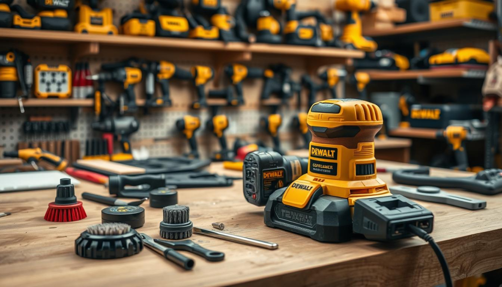 A well-lit workshop scene, a DEWALT cordless orbital sander resting on a wooden workbench. Focused in the foreground, the sander is disassembled, its components meticulously arranged, showcasing the inner workings. In the middle ground, a variety of tools, including brushes and lubricants, are neatly organized, suggesting a thorough maintenance routine. The background features shelves filled with DEWALT power tools, conveying a professional, well-equipped workspace. The overall atmosphere is one of precision, care, and dedication to maintaining the sander's performance and longevity.