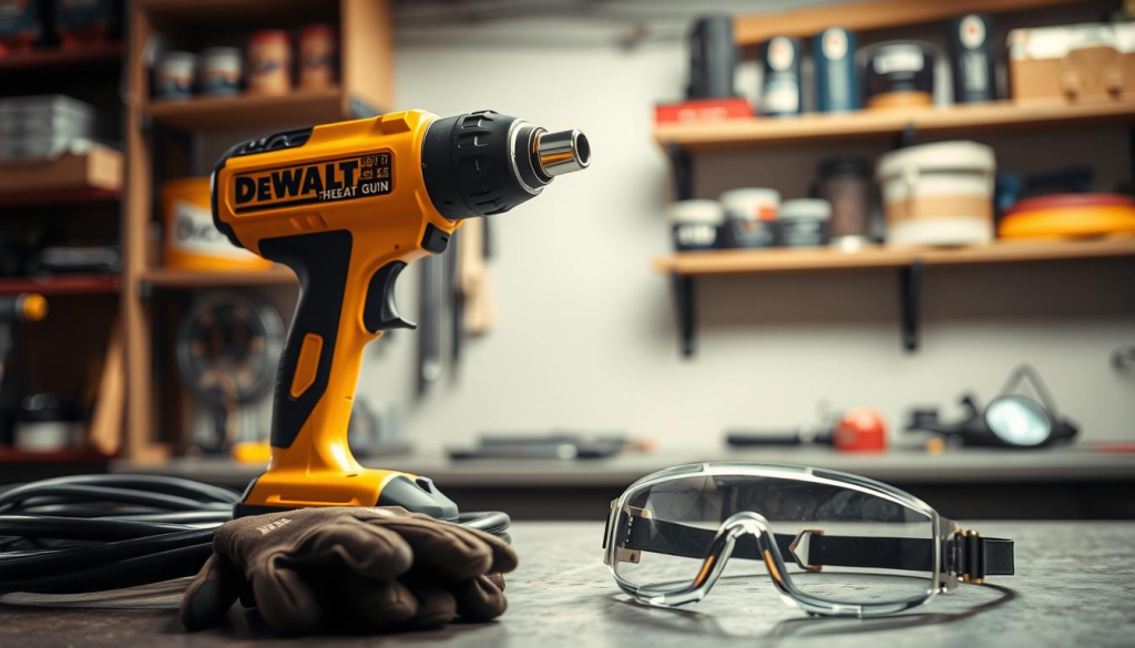 A well-lit workshop scene, a DEWALT heat gun prominently displayed on a workbench. The gun's orange and black casing gleams under the soft lighting, its power cord coiled neatly nearby. In the foreground, a pair of protective gloves and safety goggles sit ready for use. The background features shelves stocked with various tools and materials, conveying a sense of a professional, organized workspace. The overall atmosphere is one of safety and attention to detail, with the heat gun taking center stage as the subject of the image.